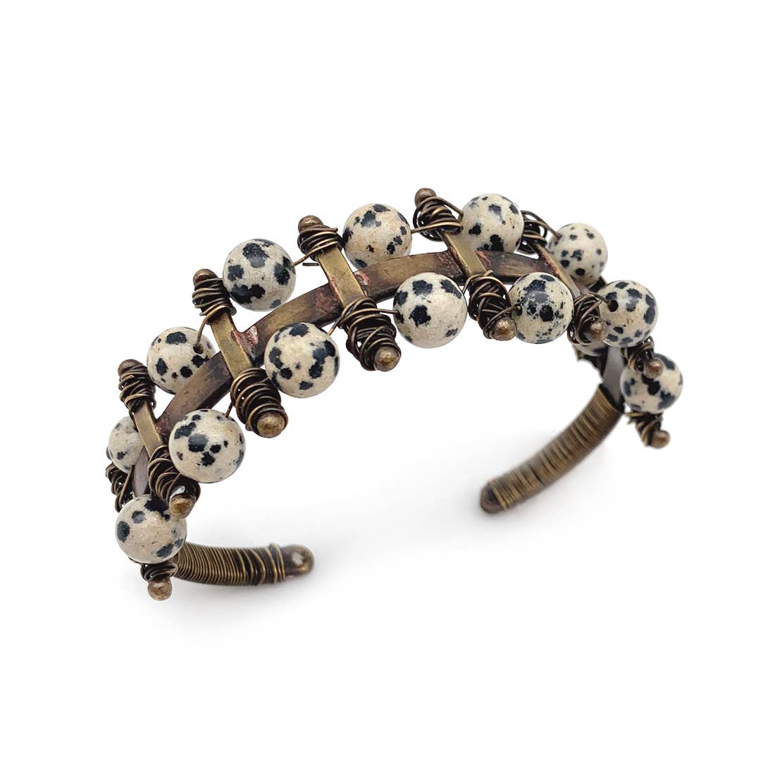Wire-Wrapped Stone Cuff - Antique Brass and Dalmatian Jasper