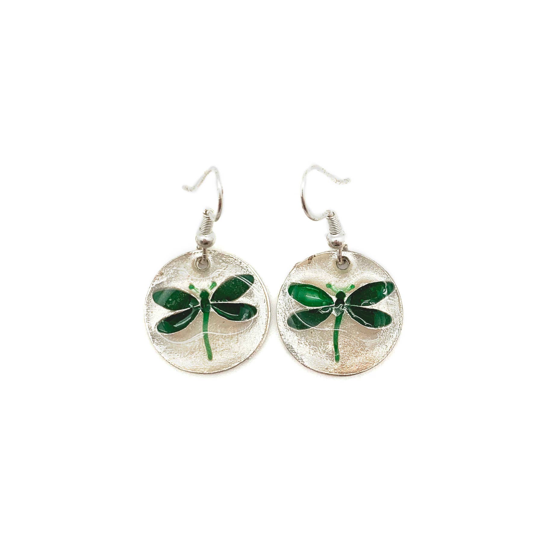Pewter Earrings with Color Enamel - Dragonfly in Green/White