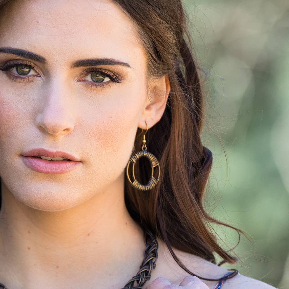 Basketweave Antique Brass Chain Circle in Circle Earrings