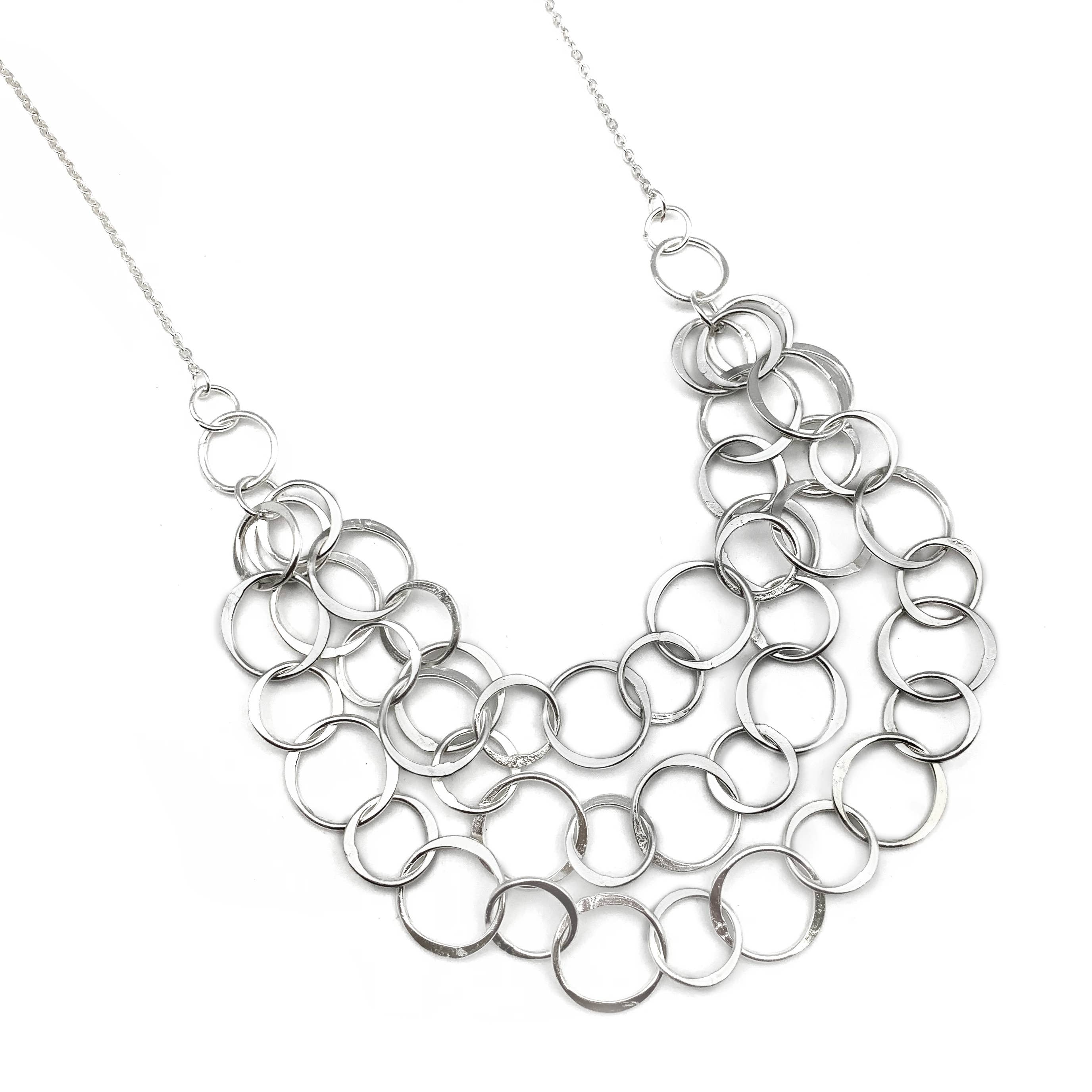 Silver Plated Necklace - Small and Medium Hammered Rings