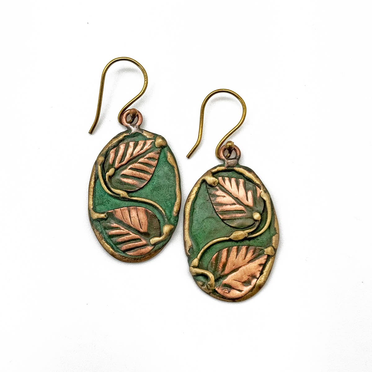 Handcrafted Green & Copper Vine Leaf Brass Patina Earrings