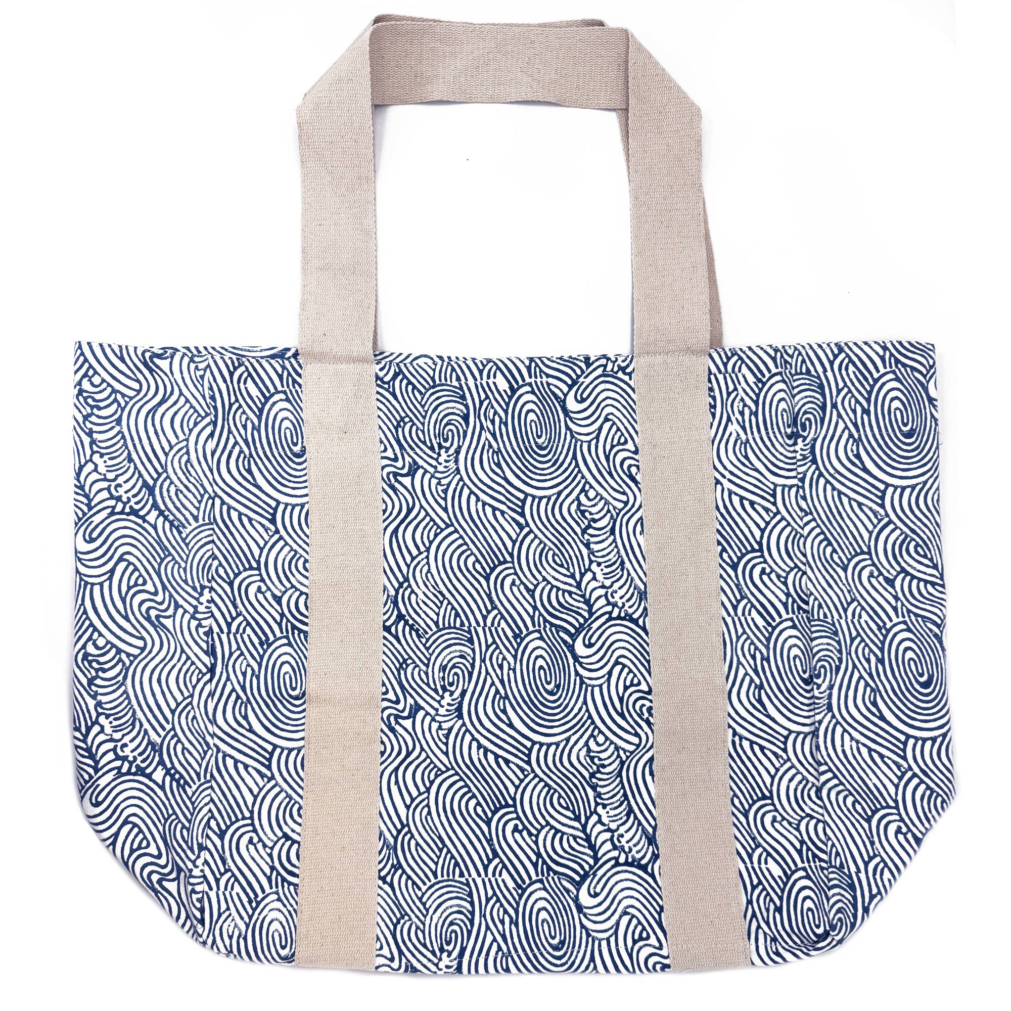 Handcrafted Canvas Bag with Block-Printed Blue waves