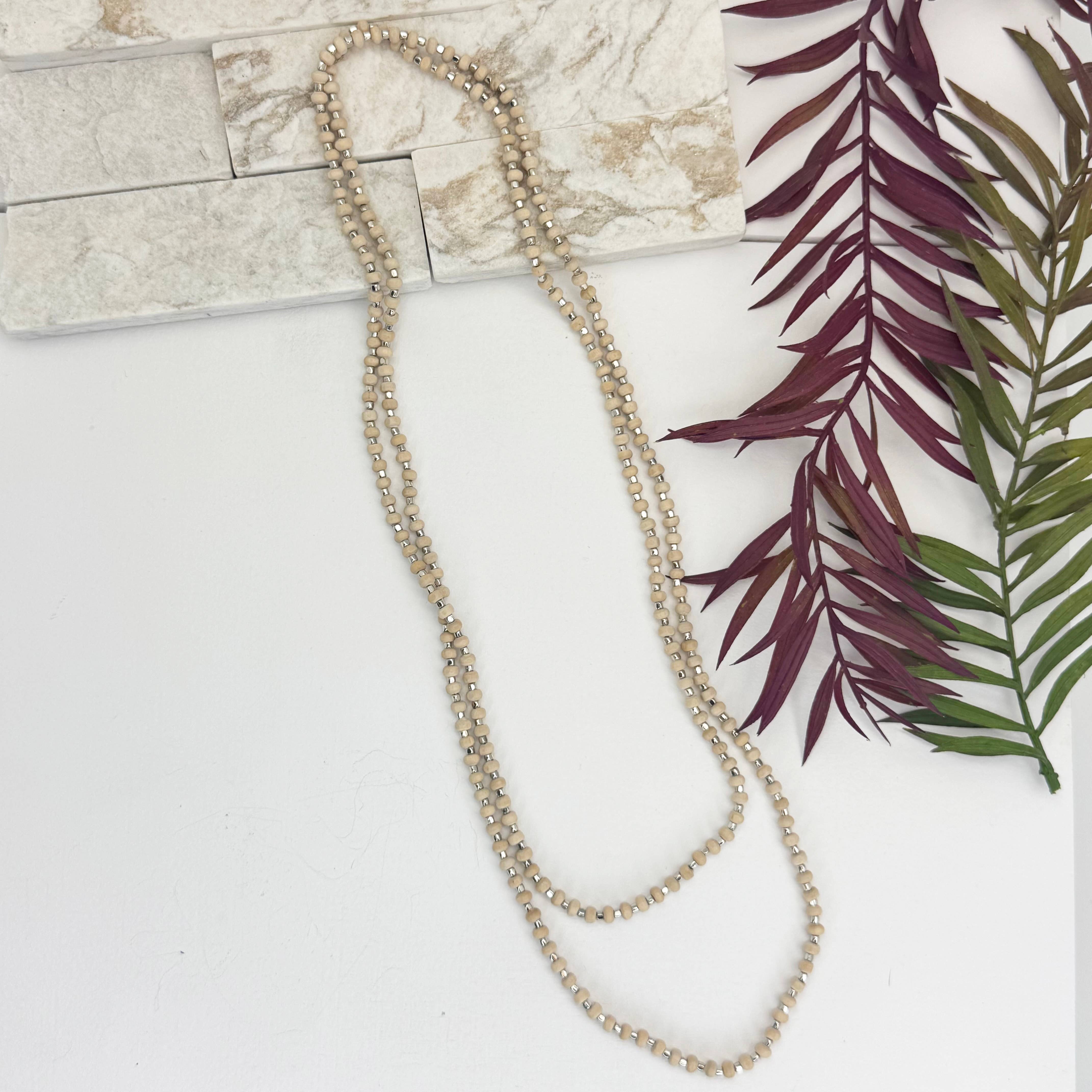 Sachi Long Wood Bead Necklace - Beige