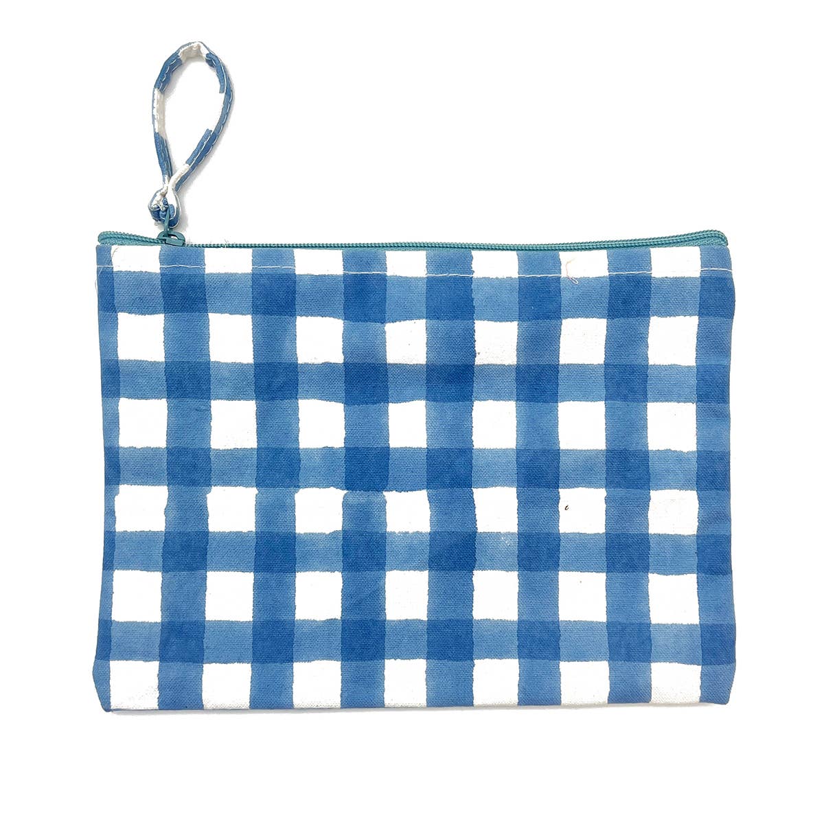 Block-Printed Canvas Zipper Pouch  Blue Gingham Bliss