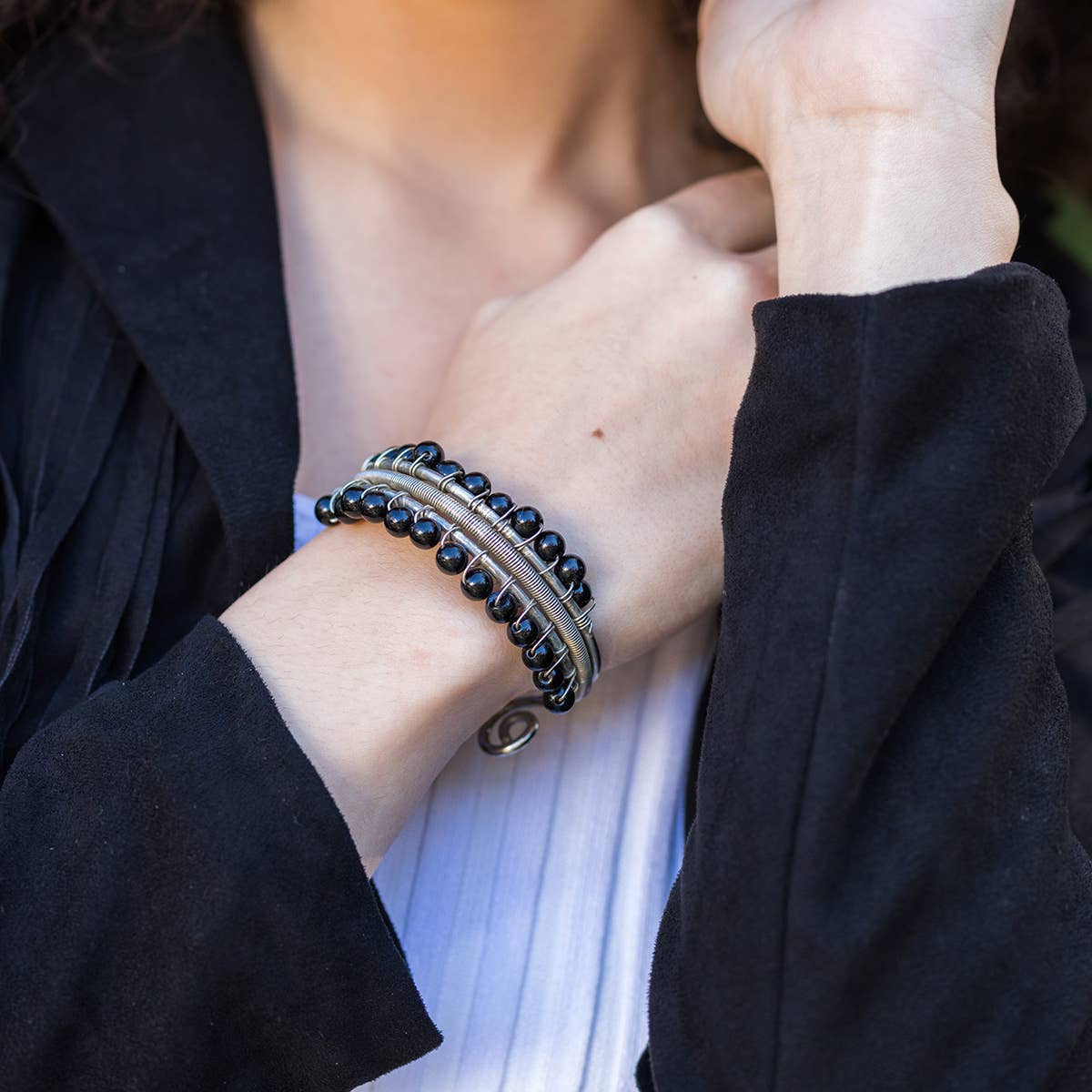 Wire-Wrapped Stone Cuff - Antique Silver with Black Onyx