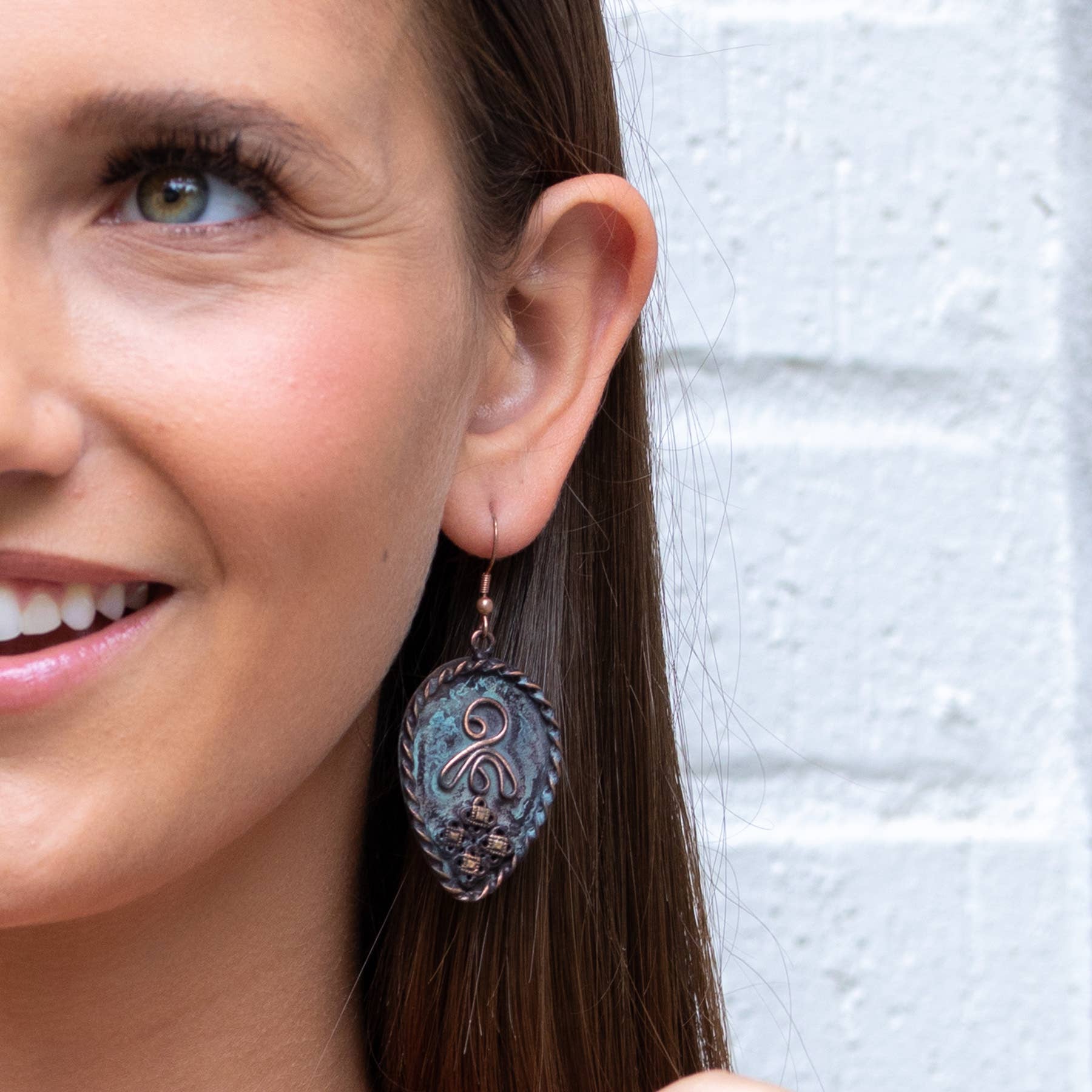 Copper Patina Earrings - Filigree And Curly Line in Teardrop