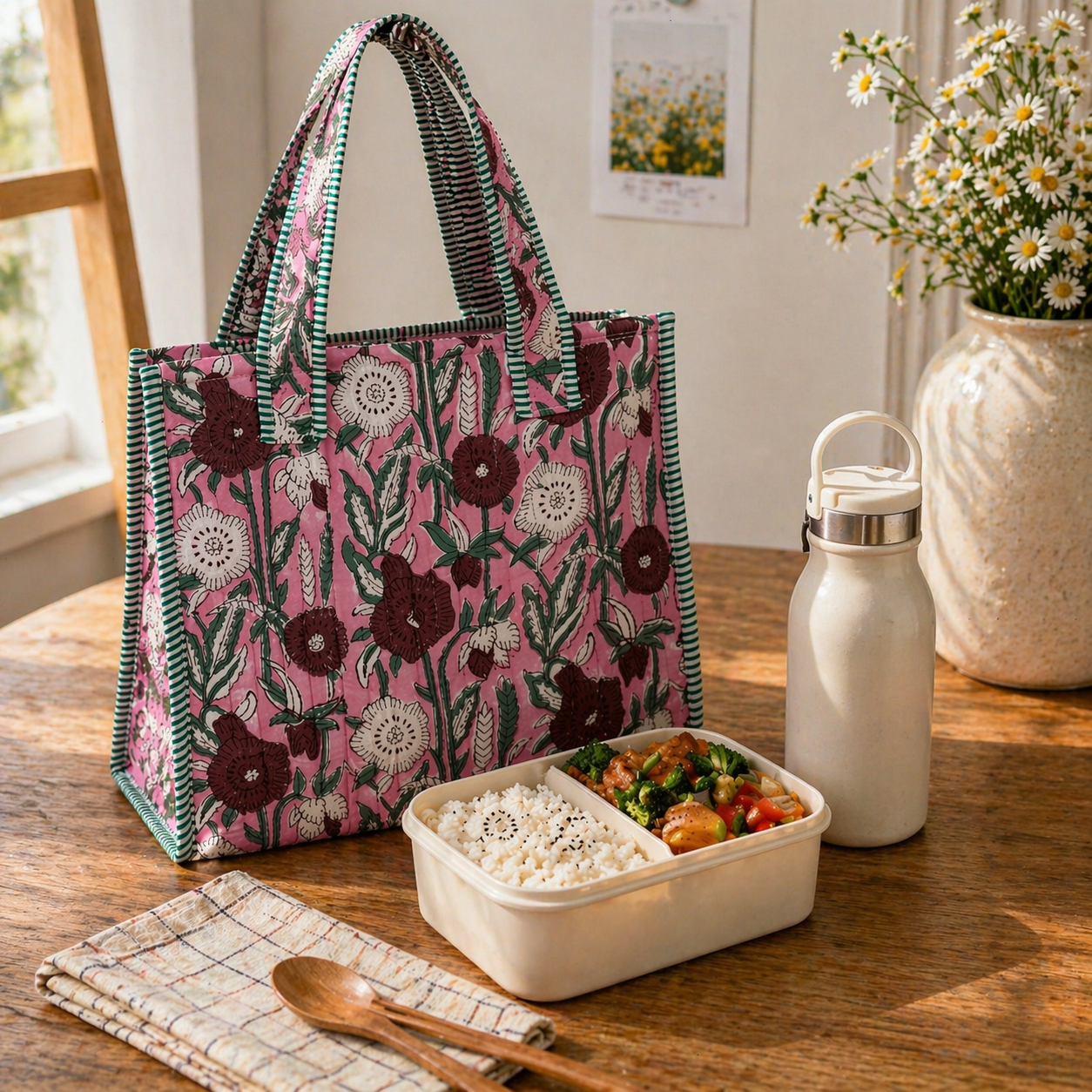 Fuchsia Bouquet Block-Printed Quilted Mini Tote