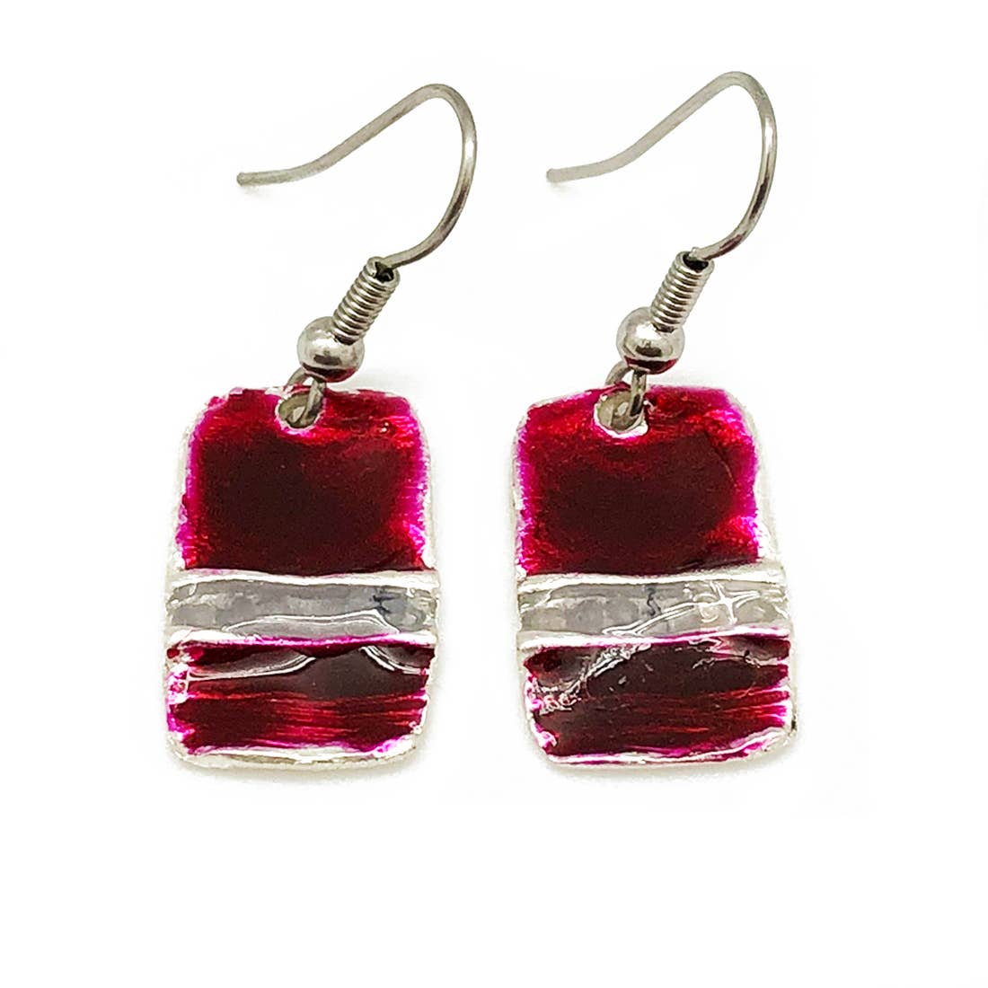 Pewter Earrings with Color Enamel - Raspberry/Grey