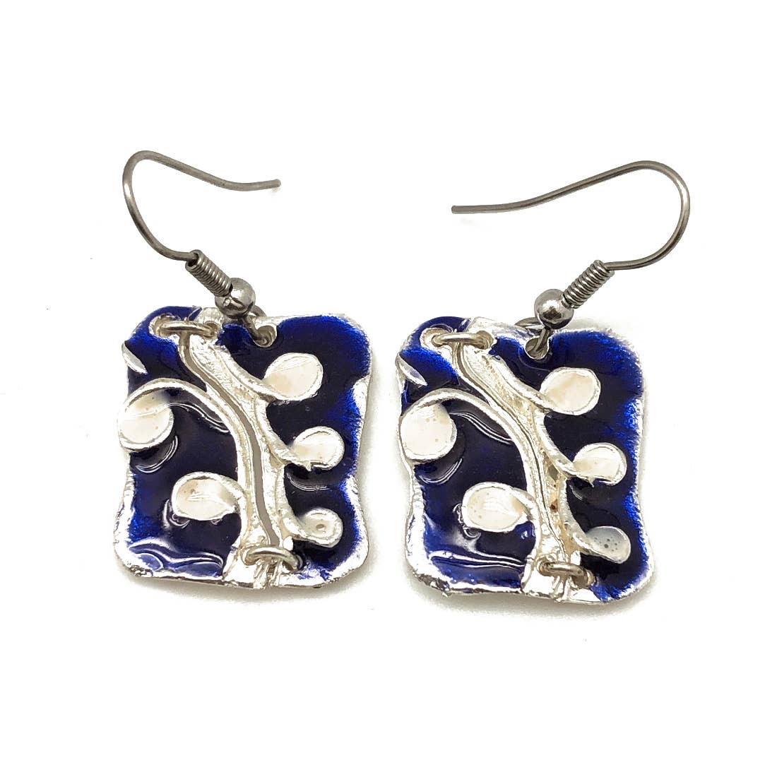 Pewter Earrings with Color Enamel - Cobalt/Opaque White