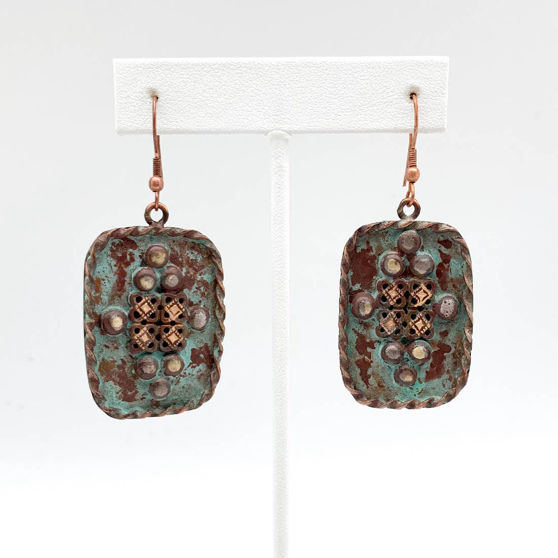 Copper Patina Earrings - Rivets in Turquoise Rectangle