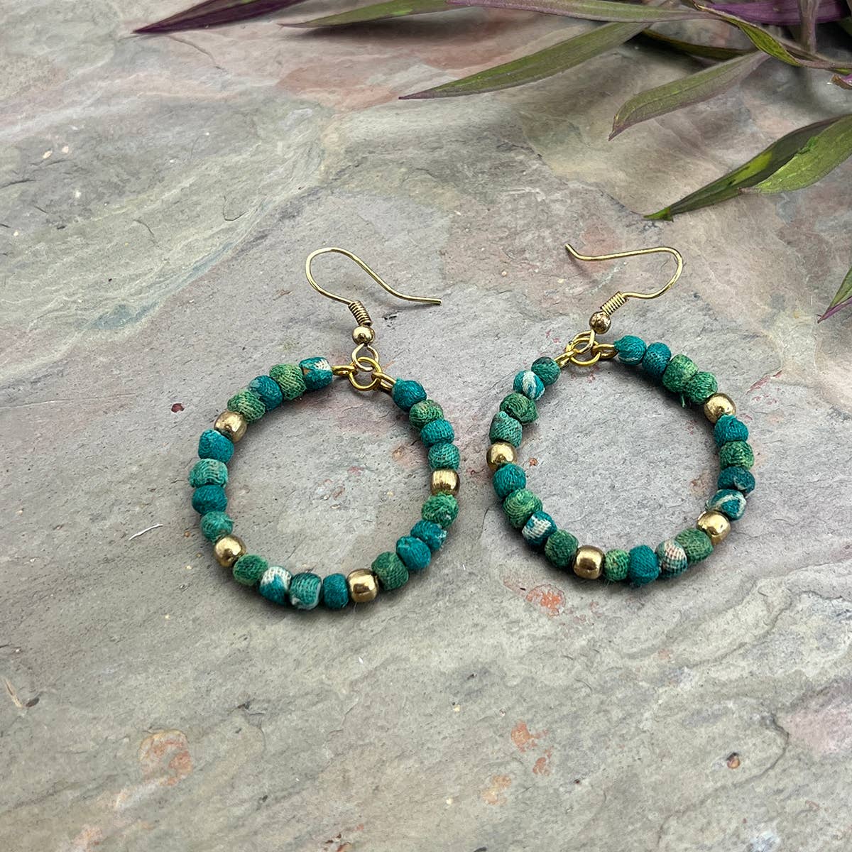 Aasha Seagrass Small Bead Hoop Kantha Handcrafted Earrings