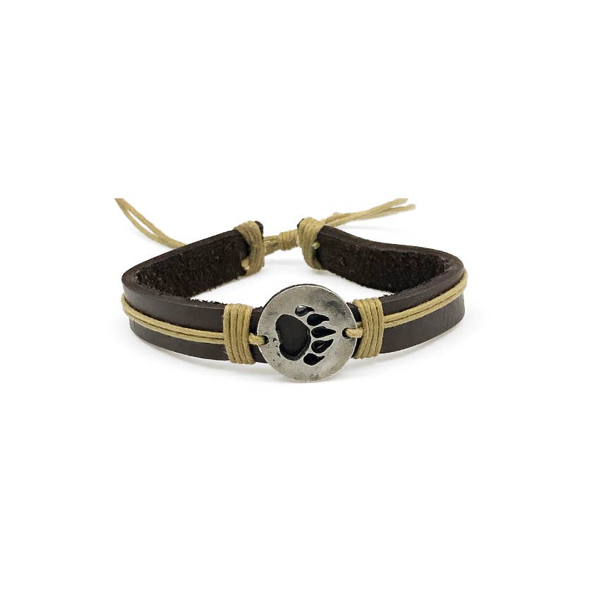 Pull Tie Leather Bracelet - Bear Paw Print