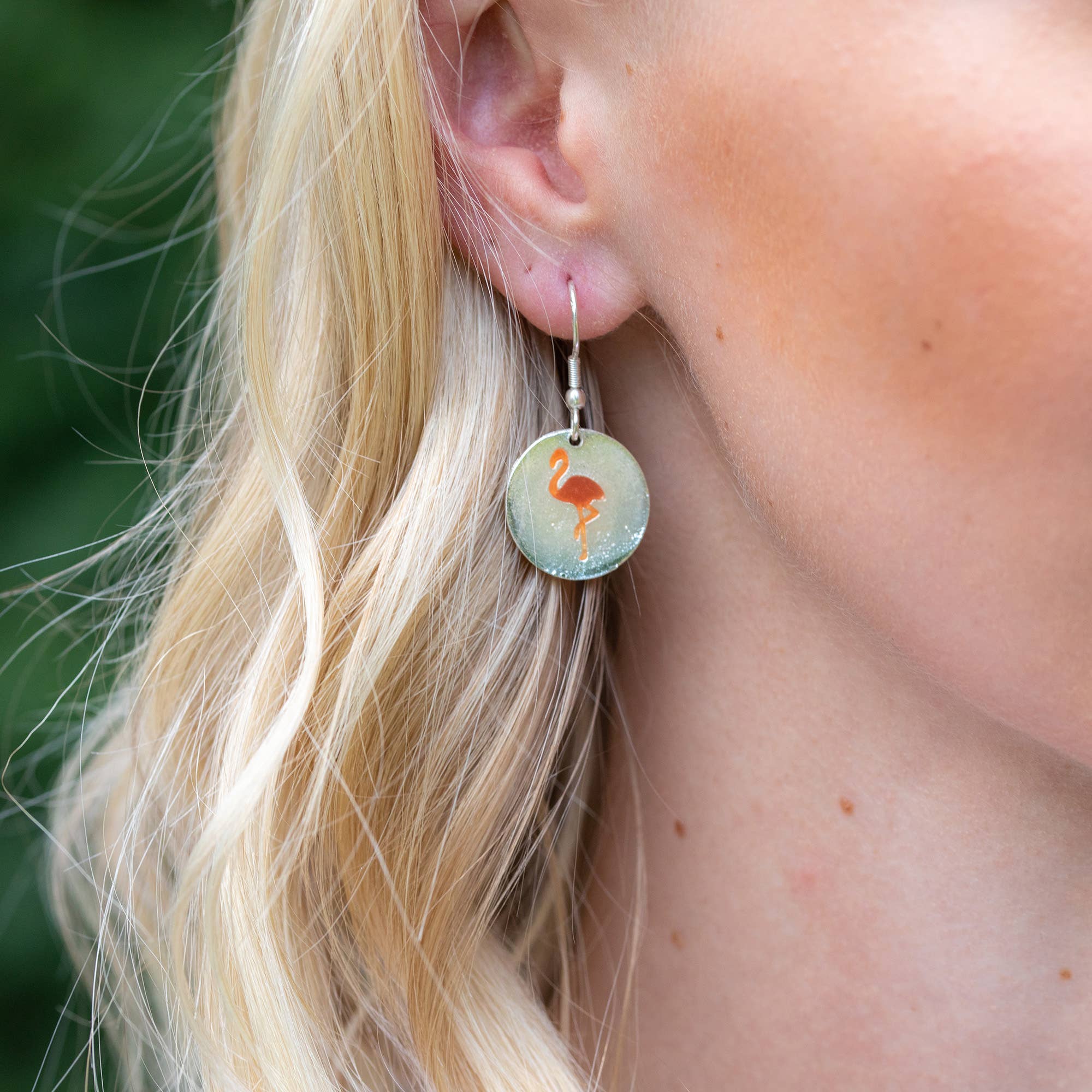 Pewter Earrings with Color Enamel - Flamingo in Coral/Pearl