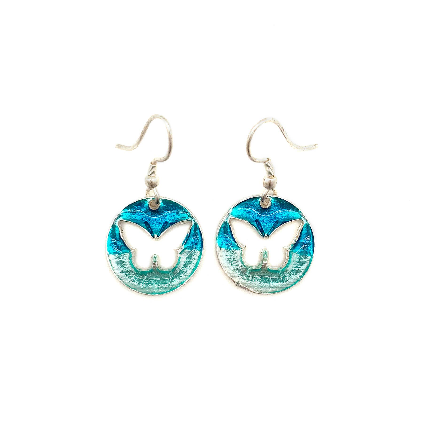 Pewter Earrings with Color Enamel - Butterfly in Teal/Aqua