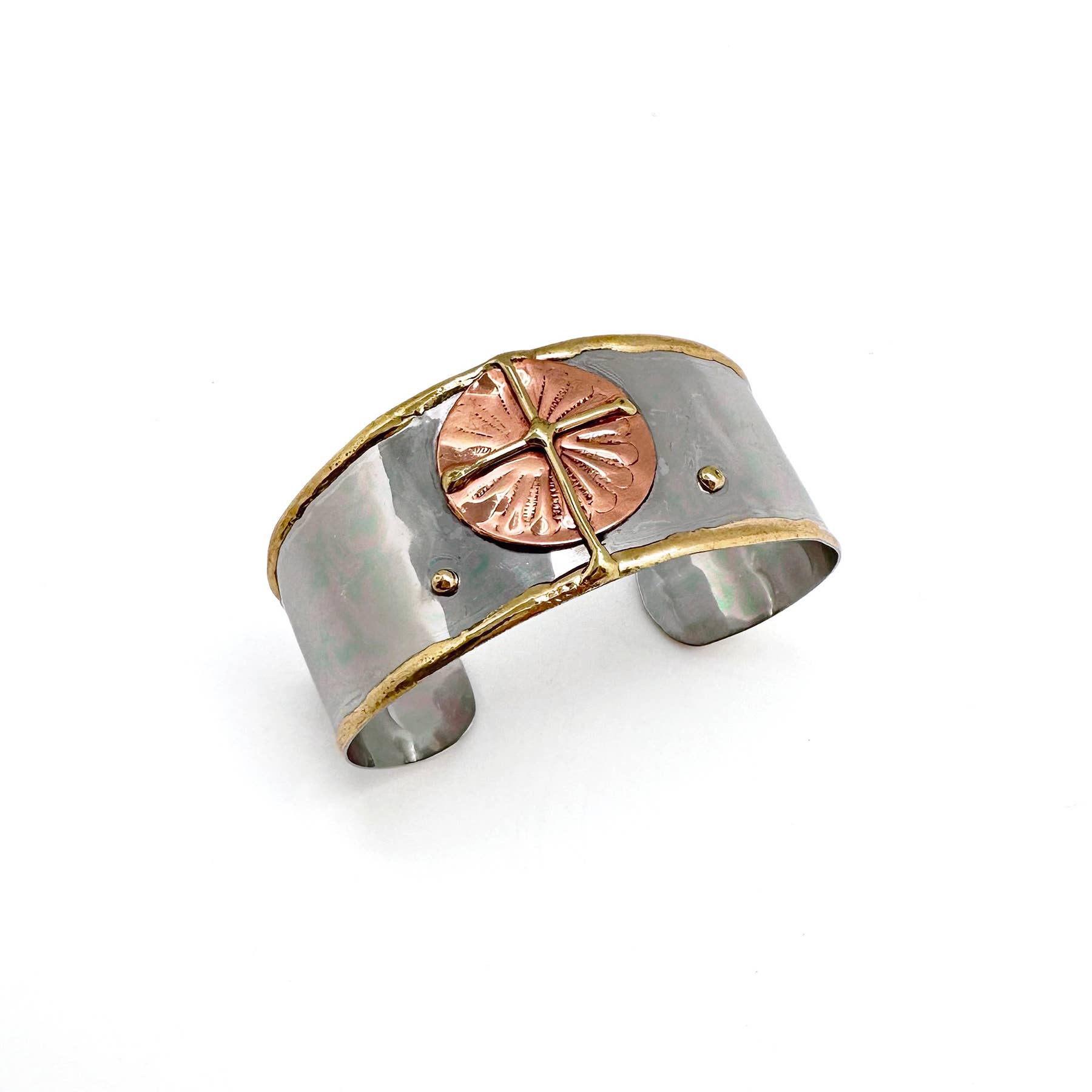 Mixed Metal Cuff Bracelet - Gold Cross on Copper Circle