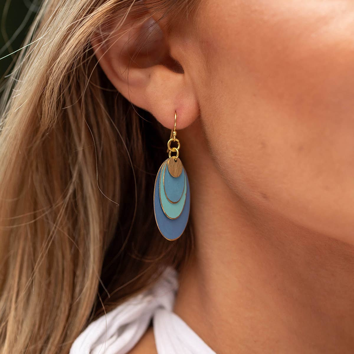 Brass Patina Earrings - Oval Blue Layers
