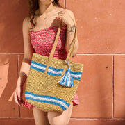 Tahiti Bag - Navy and White Stripes Raffia Bag with Tassel