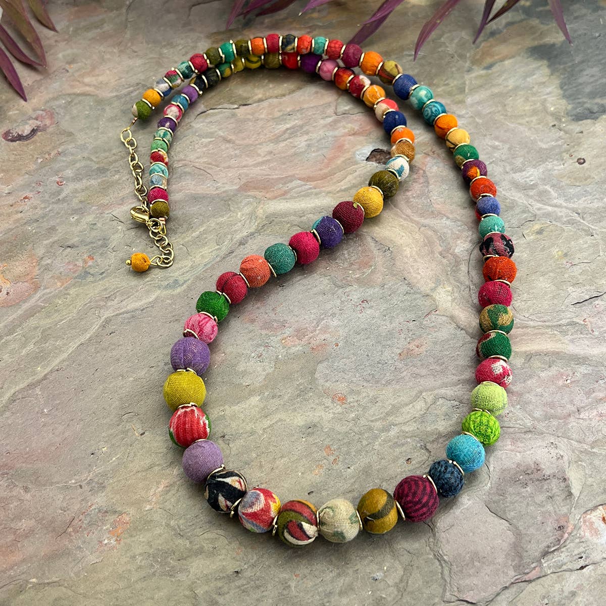 Aasha Small Beaded Kantha Necklace with Gold Spacers