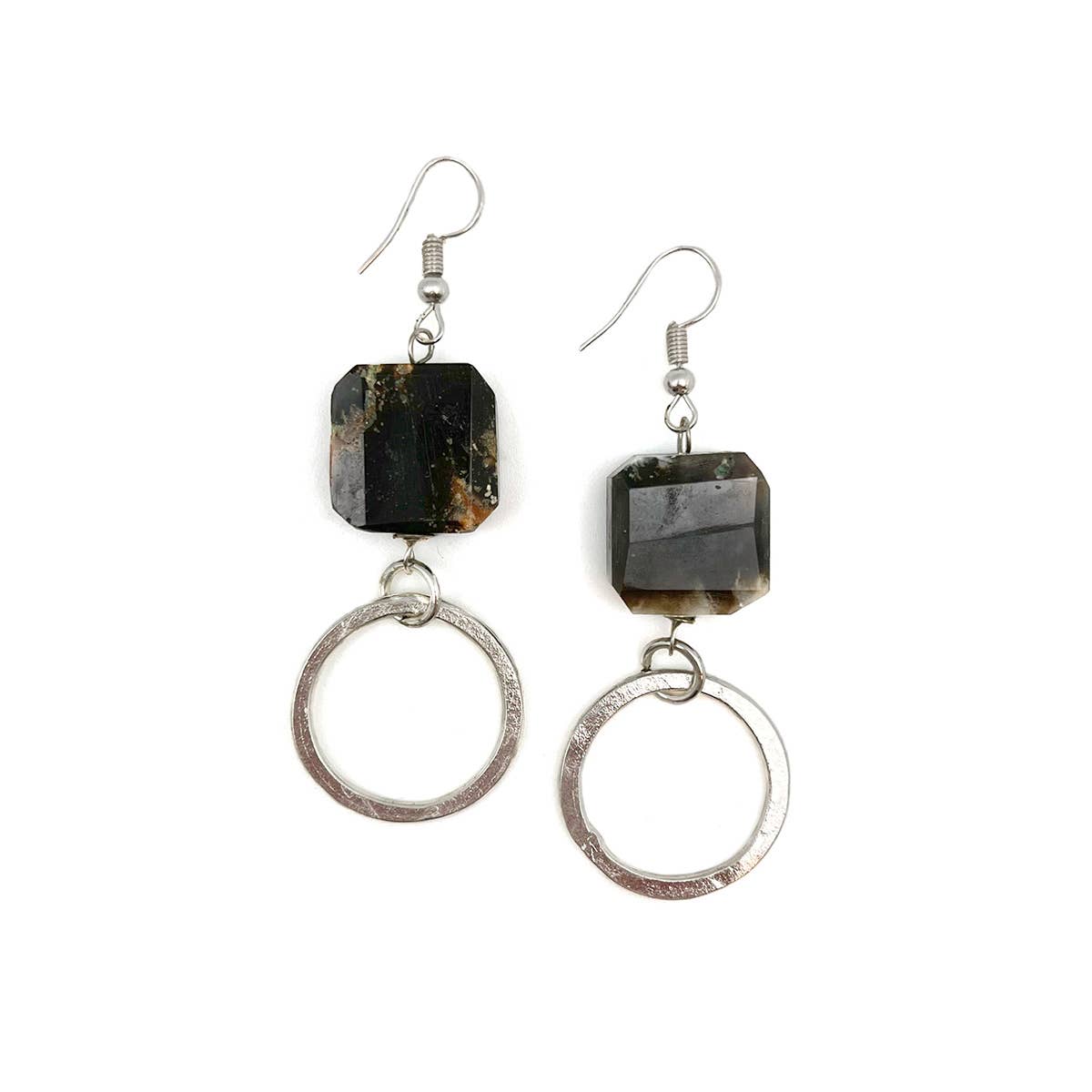 Silver-Plated Long Earrings With Dendritic Opal Stones