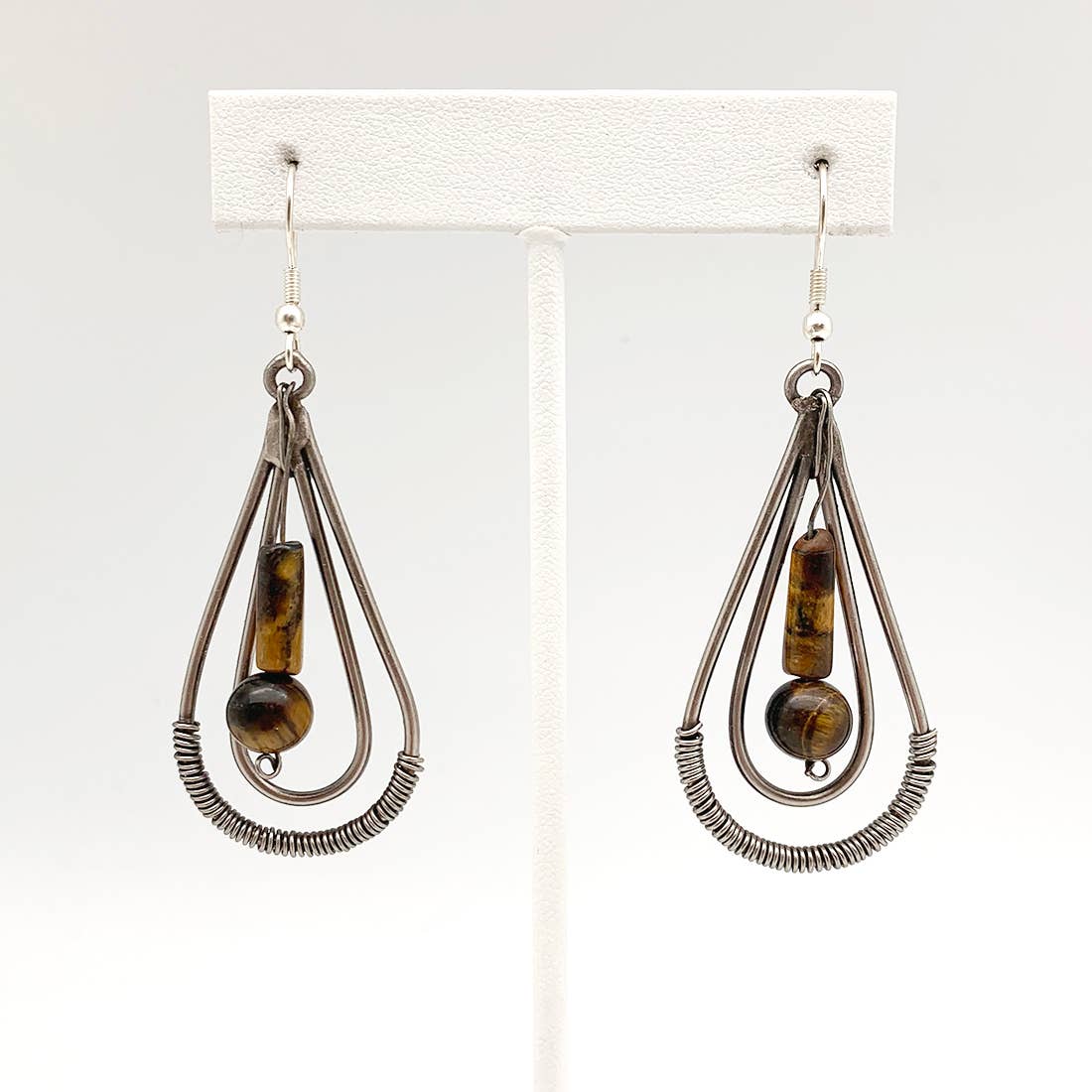 Wire-Wrapped Stone Earrings - Antique Silver, Tiger Eye