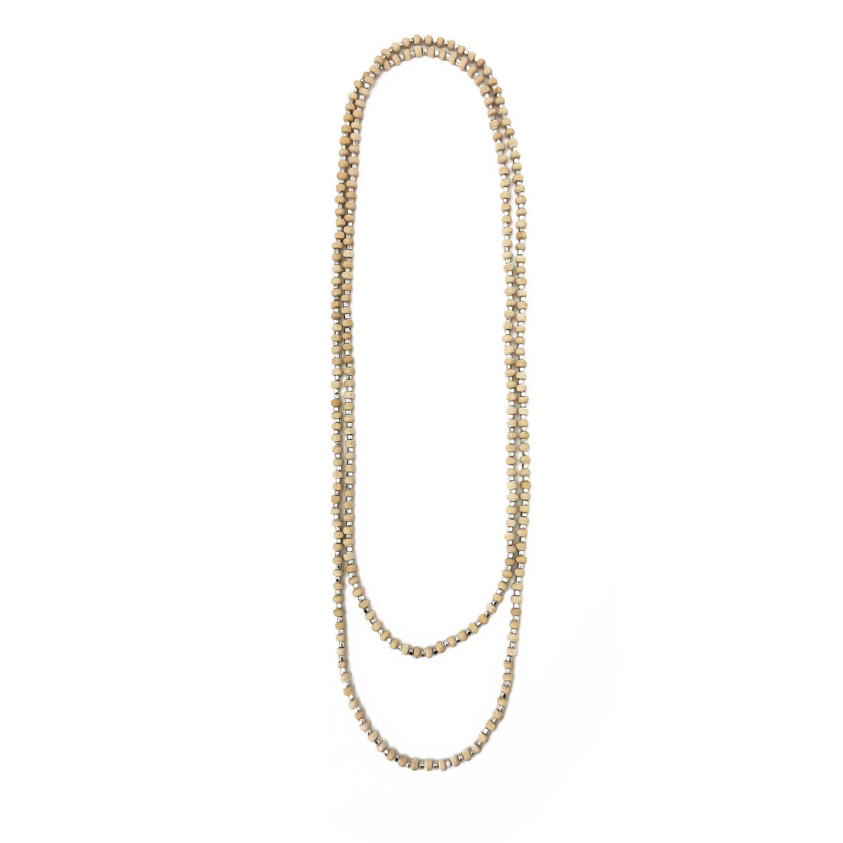 Sachi Long Wood Bead Necklace - Beige
