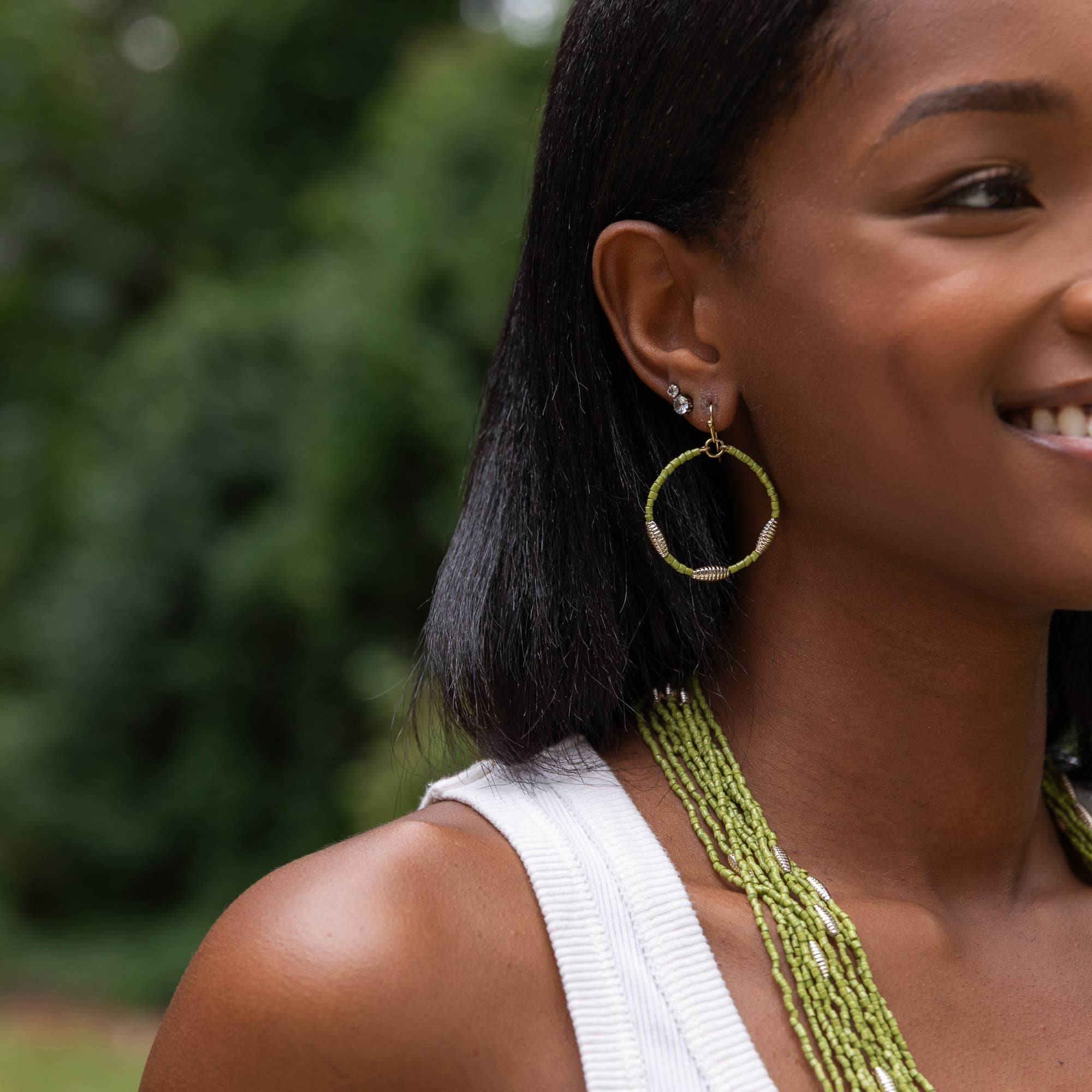 Seed Bead Hoop Earrings - Olive Green