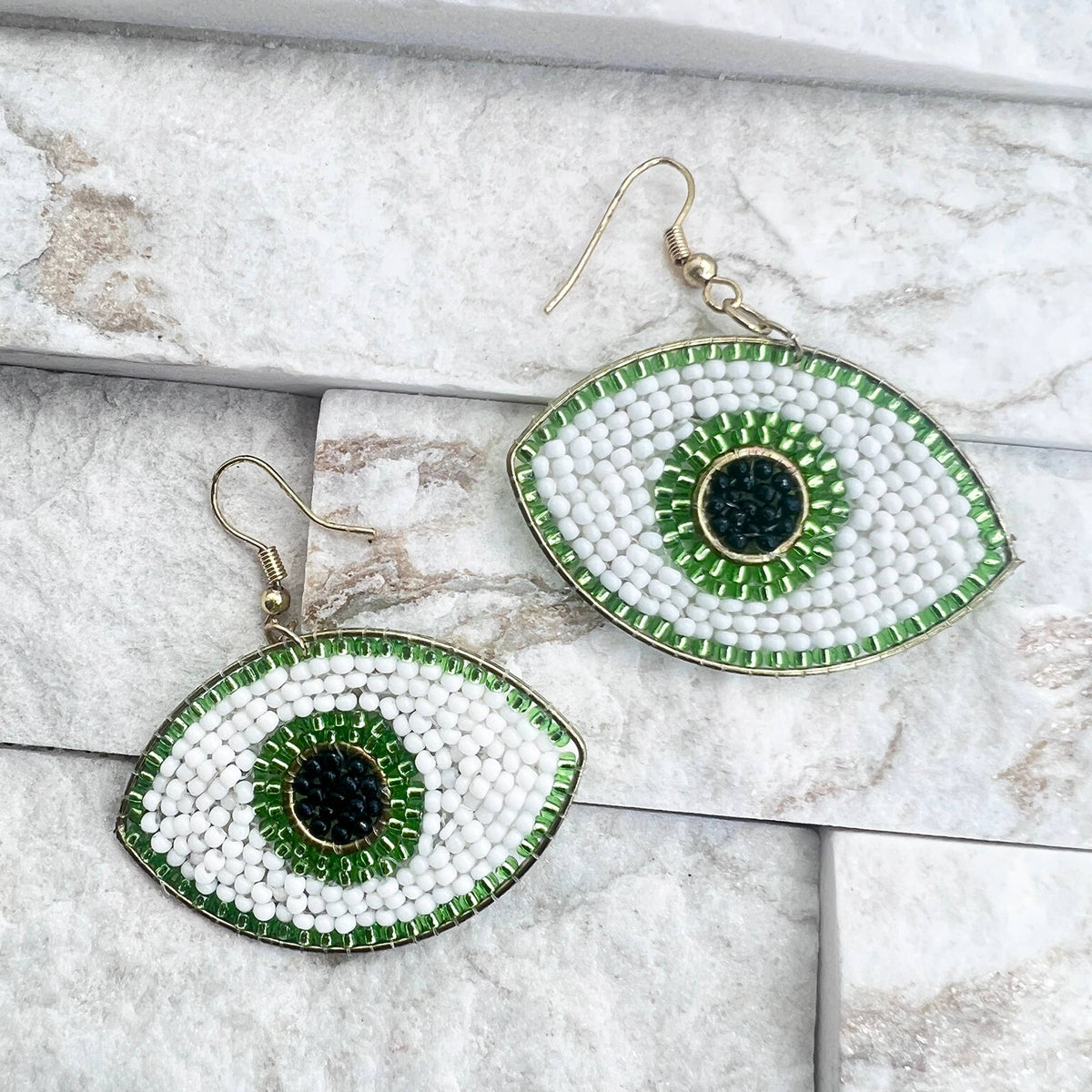 Seed Bead Evil Eye Earrings - Green