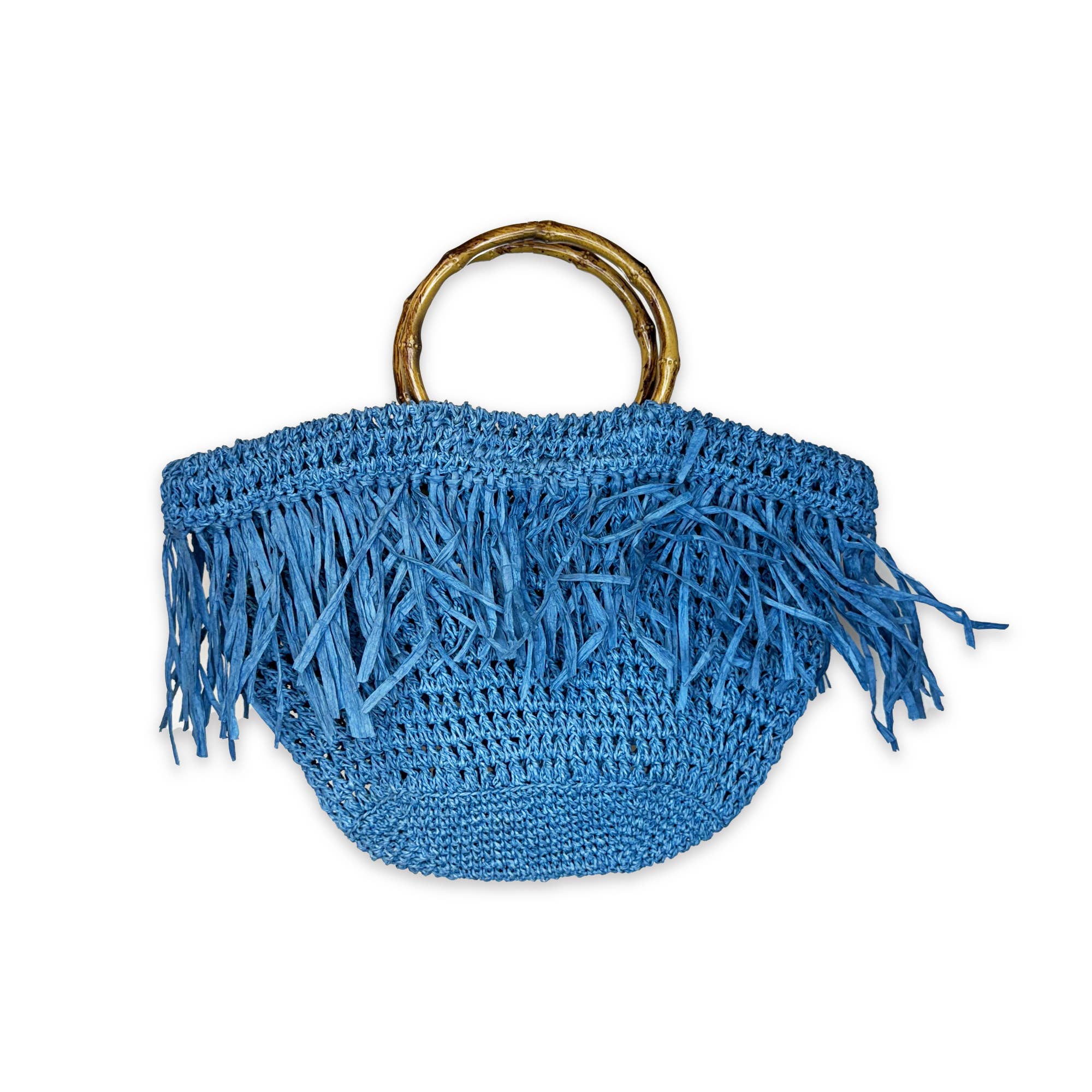 Santorini Bag - Blue Raffia Fringe Bag with Wood Handle