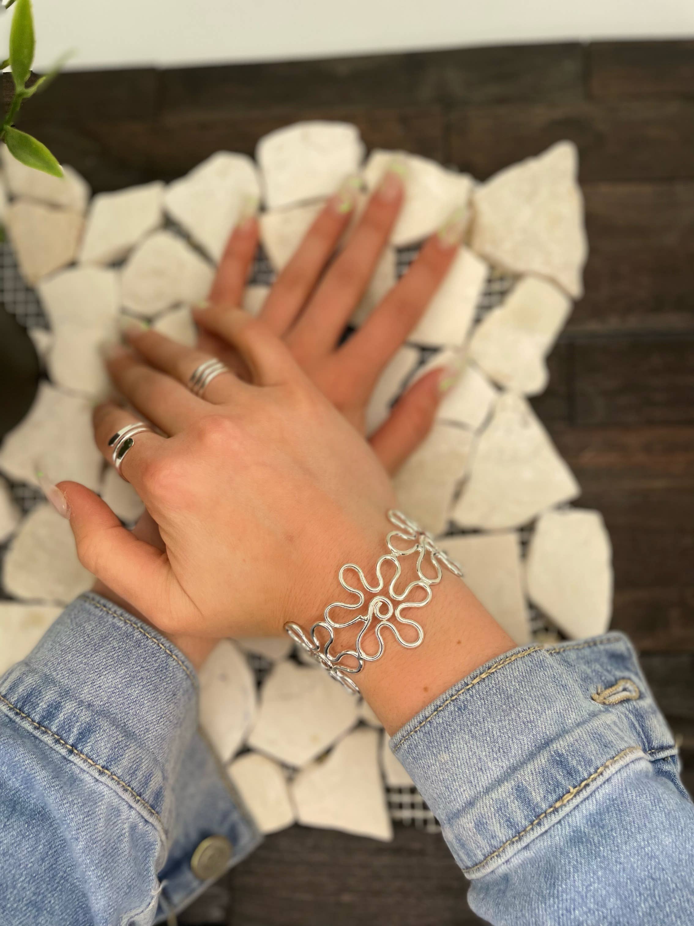 Silver Plated Adjustable Cuff Bracelet - Flowers