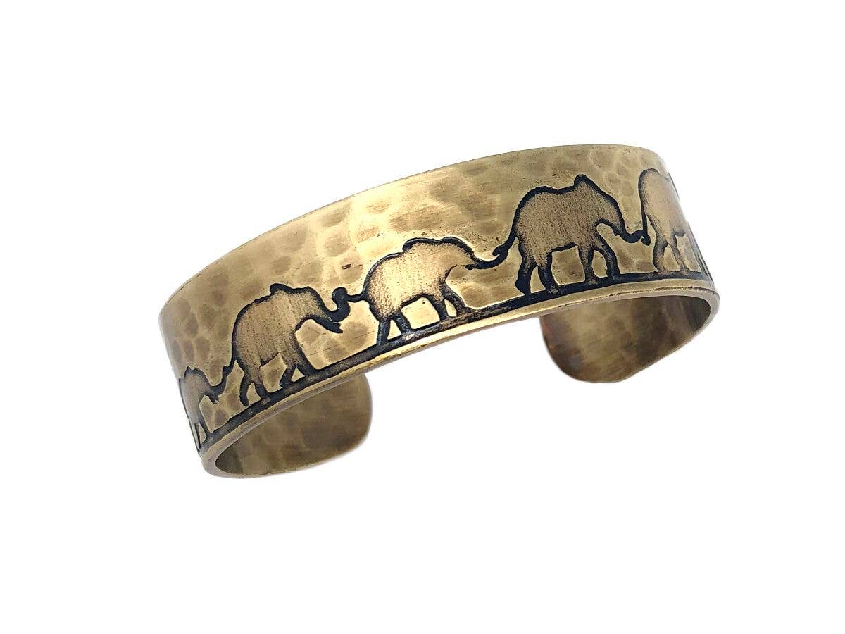 Elephant Family Brass Engraved Cuff Bracelet