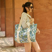 Handcrafted Canvas Bag with Block-Printed Forget me not