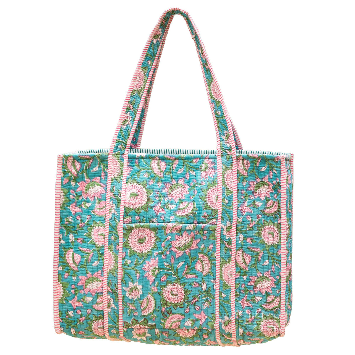 Aqua Bloom Quilted Block-Printed Tote