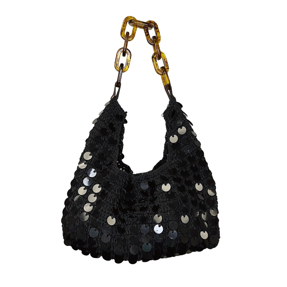 Mia Cotton Purse With Sequins and Chain Handle - Black