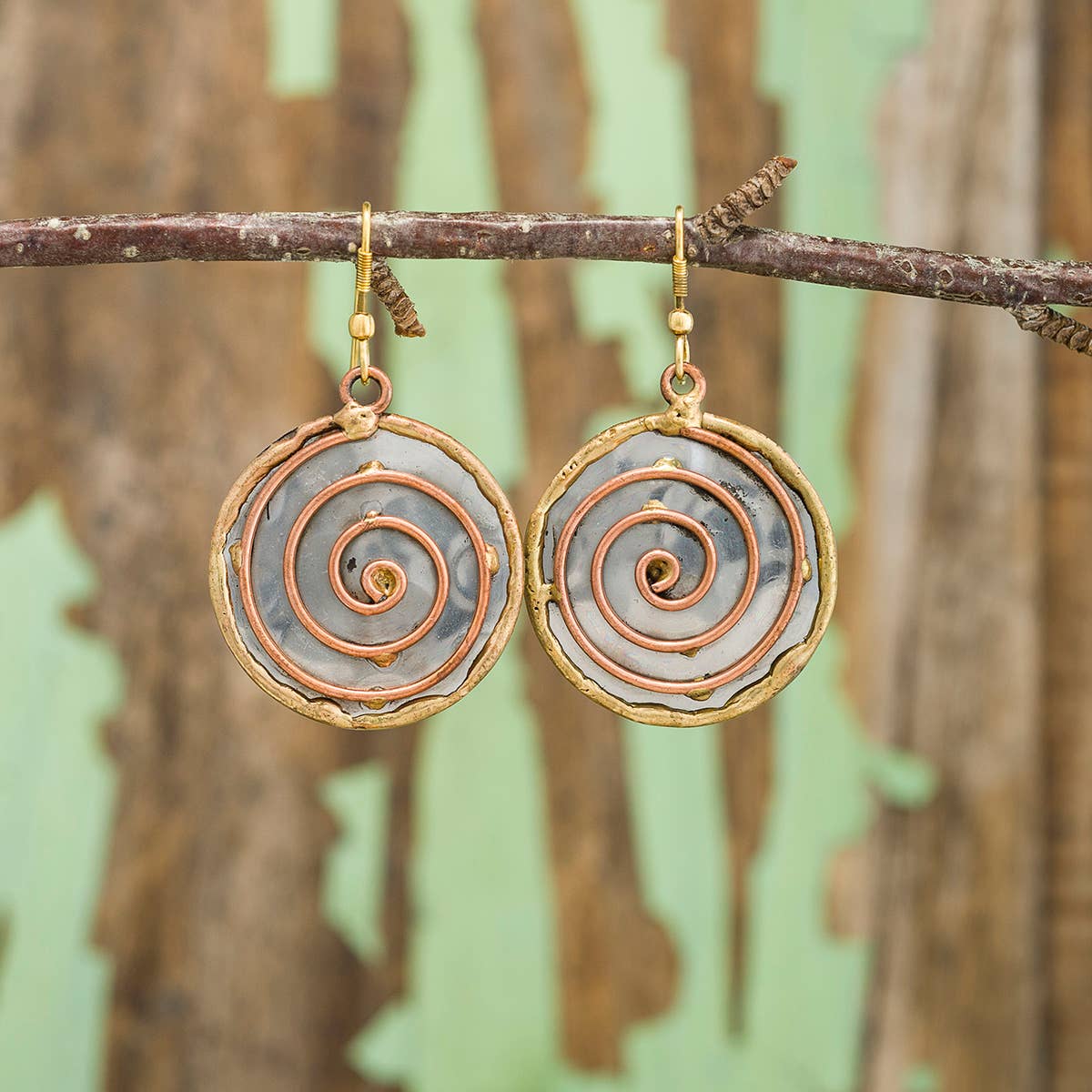 Mixed Metal Earrings - Spiral Circle