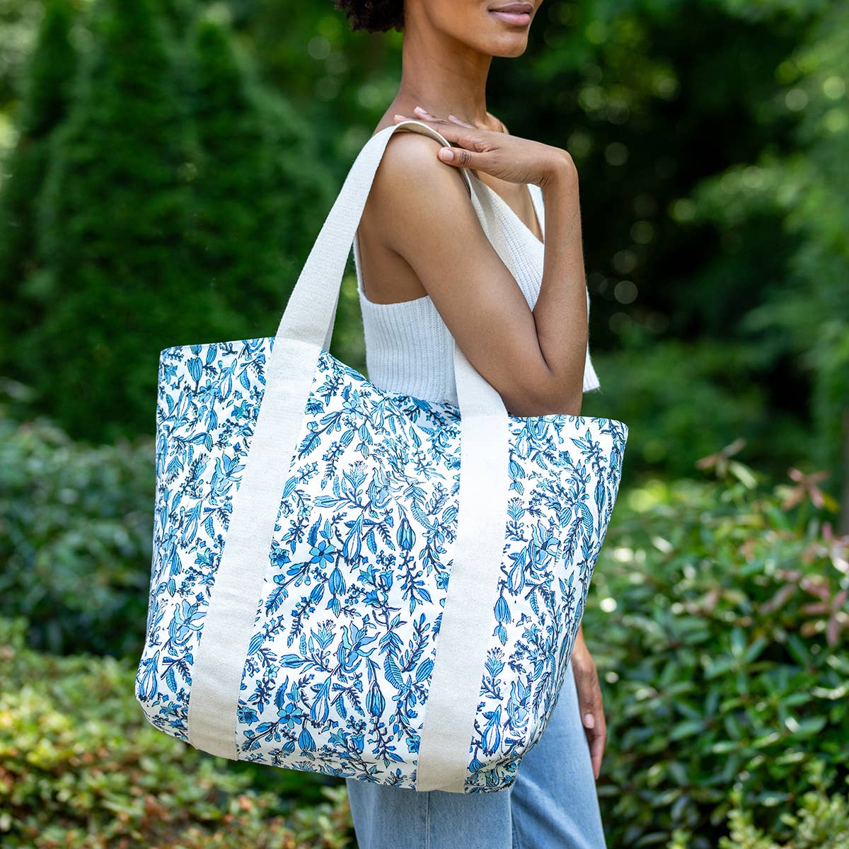 Handcrafted Canvas Bag with Block-Printed Azure Canopy