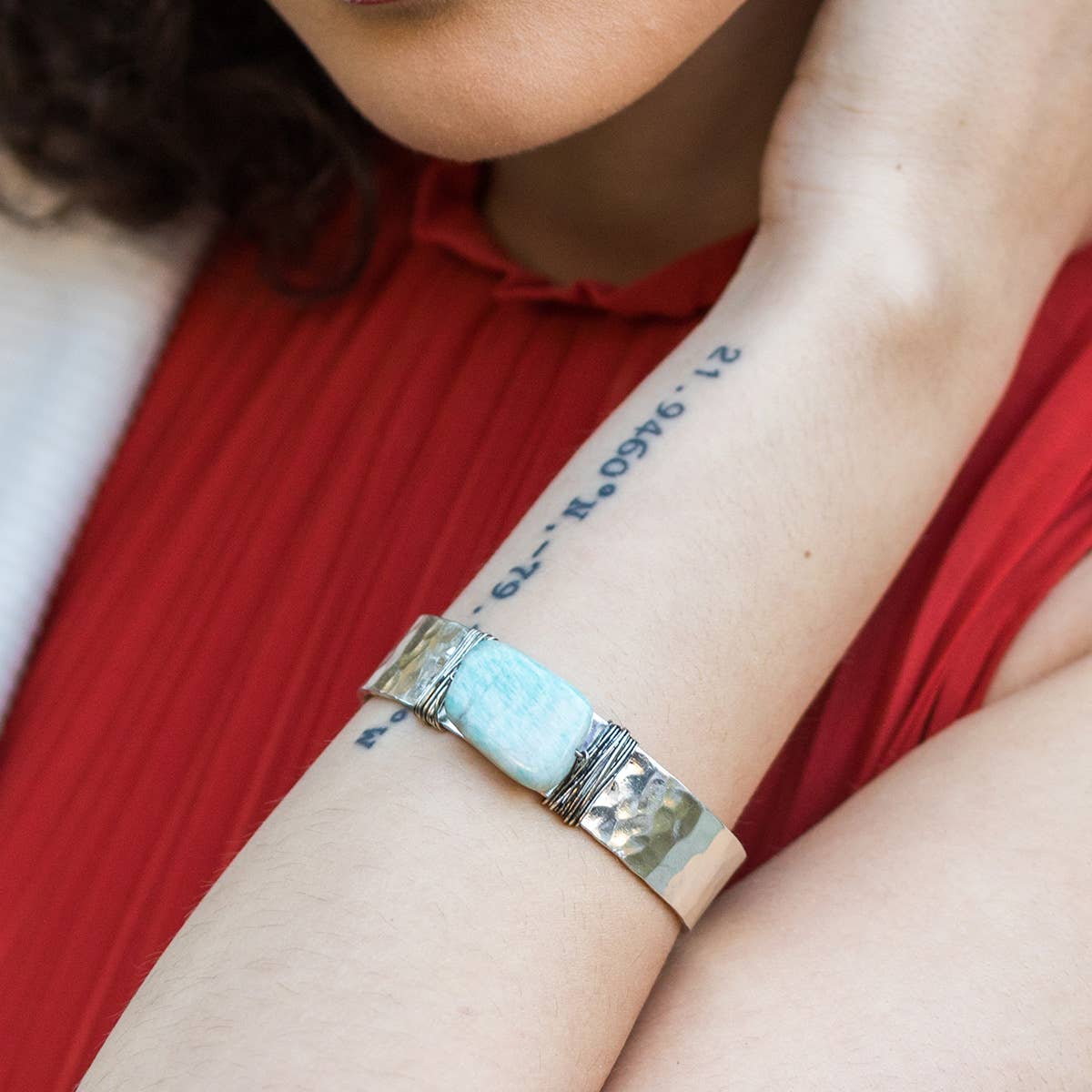 Banjara Hammered Cuff With Stone - Amazonite