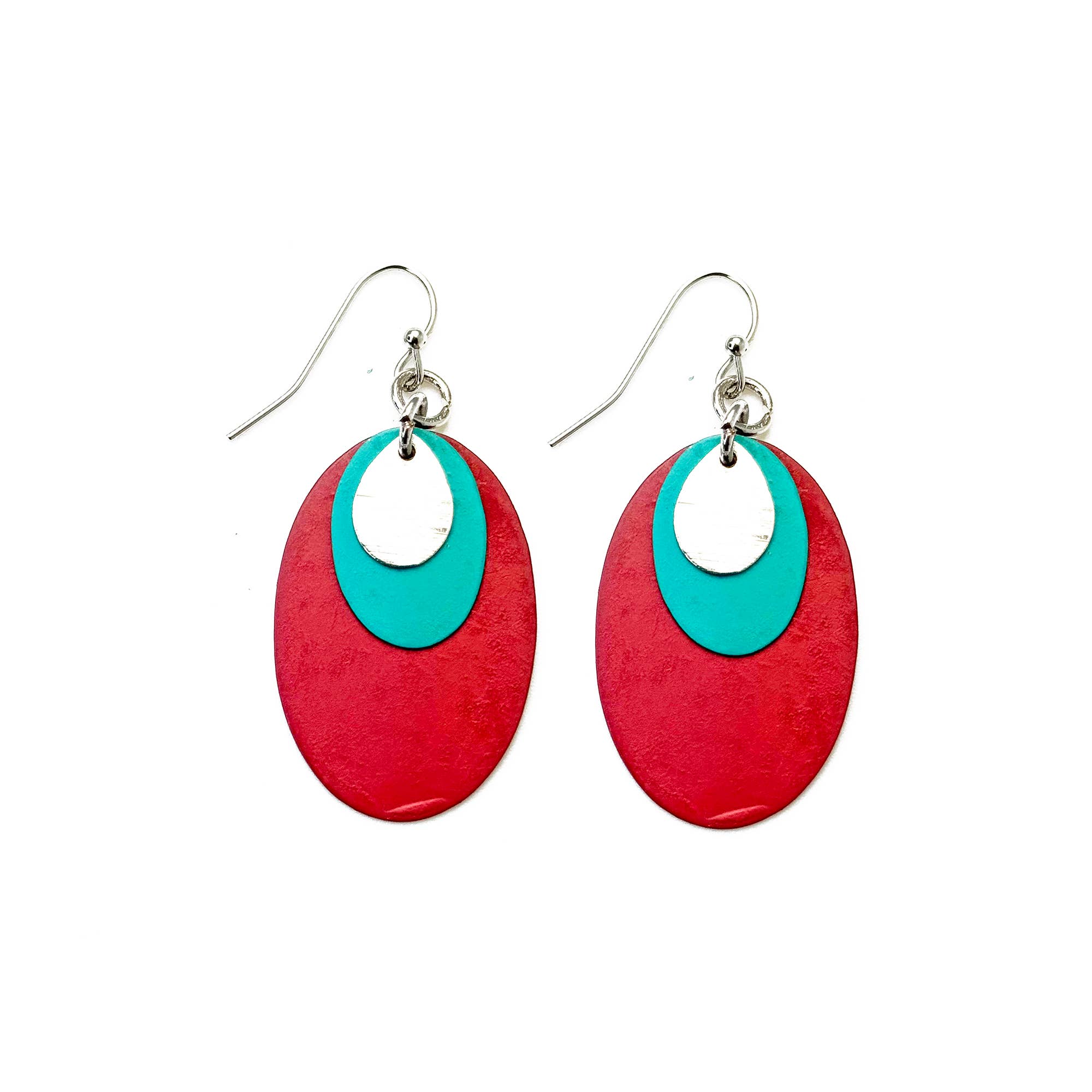 Handcrafted Fuchsia & Teal Patina Layered Oval Earrings