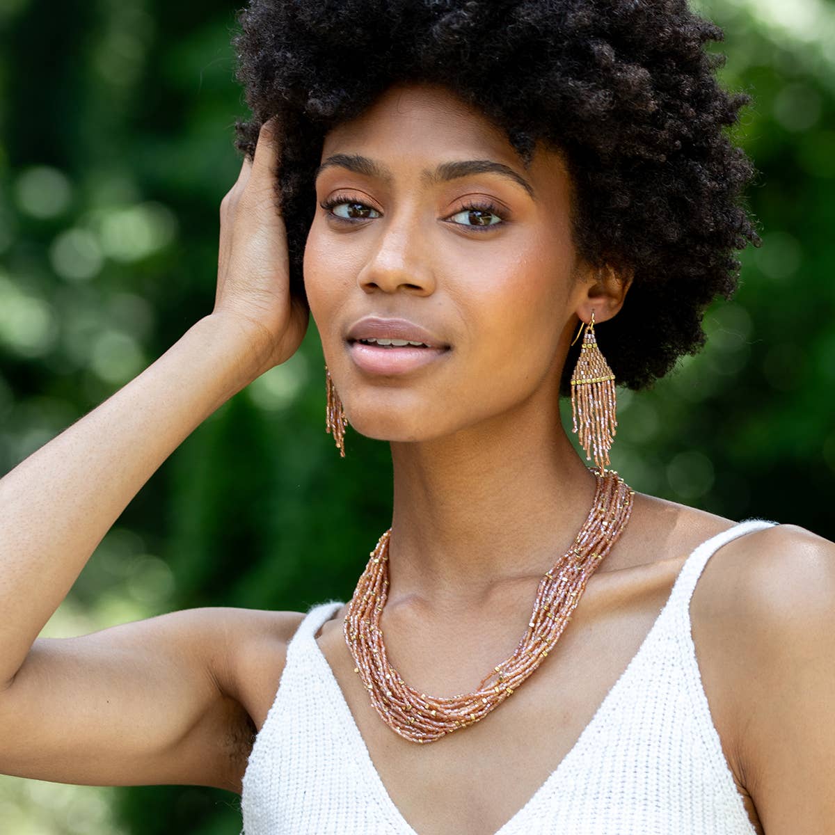 Seed Bead Multi-Strand Bib Necklace - Blush