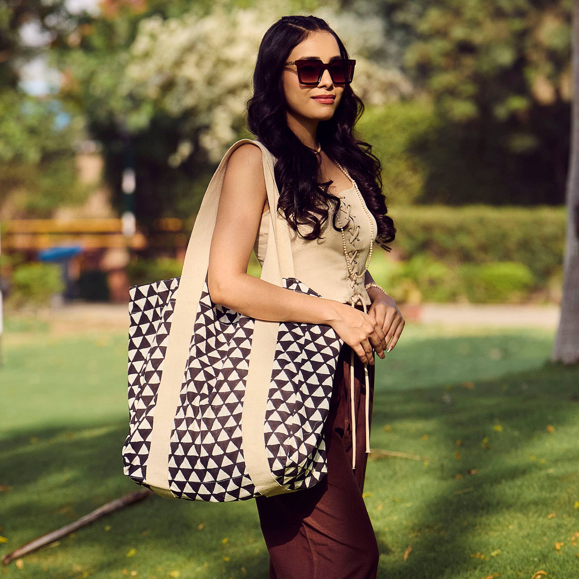 Handcrafted Canvas Bag with Block-Printed Midnight Triangles