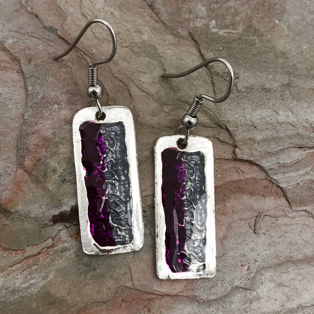 Pewter Earrings with Color Enamel Rectangle Raspberry/Silver