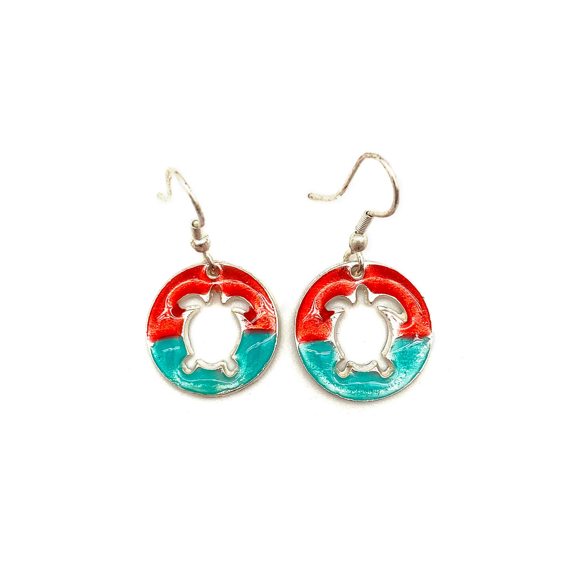 Pewter Earrings with Color Enamel - Red/Aqua Turtle