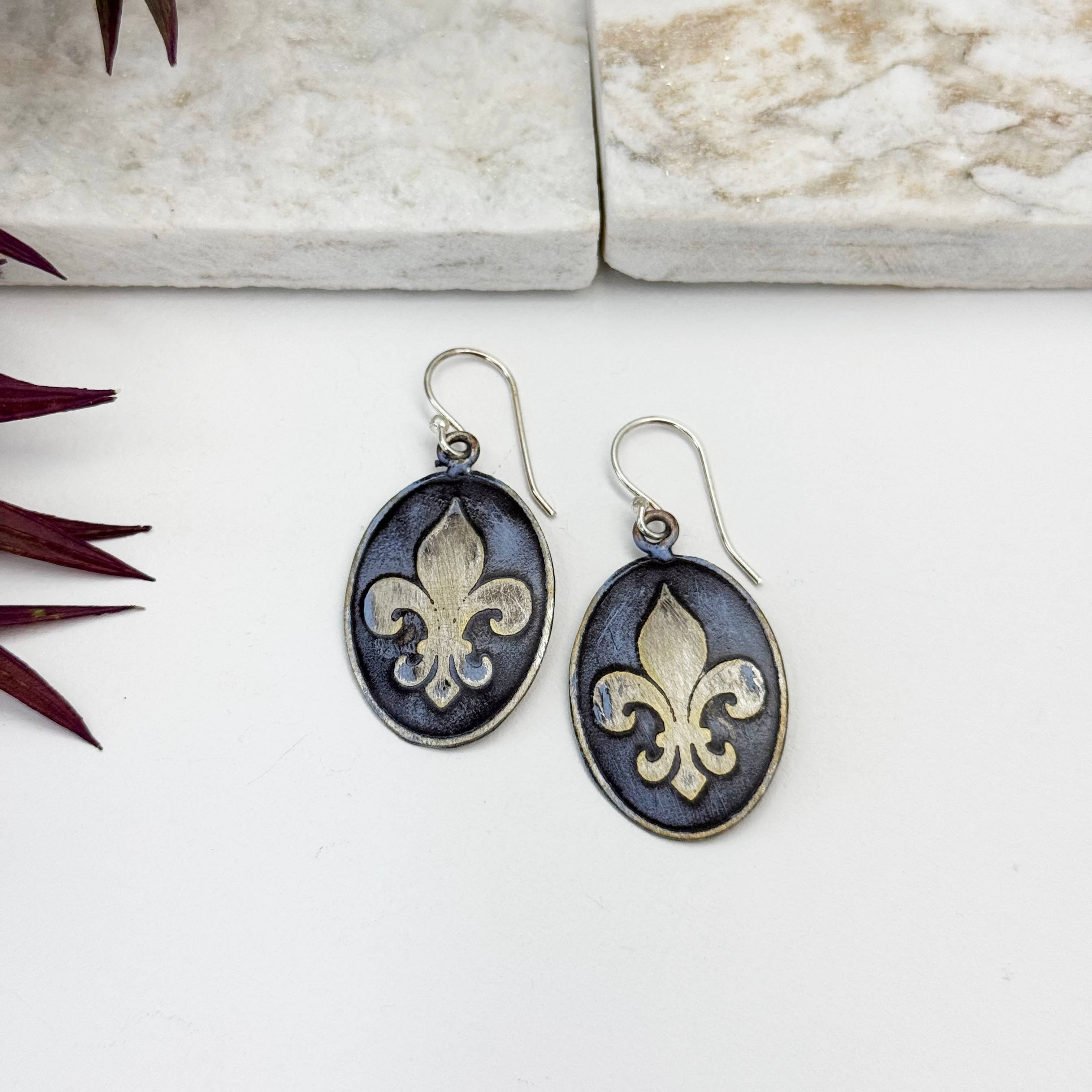 Handcrafted Silver Patina Fleur-de-lis Earrings