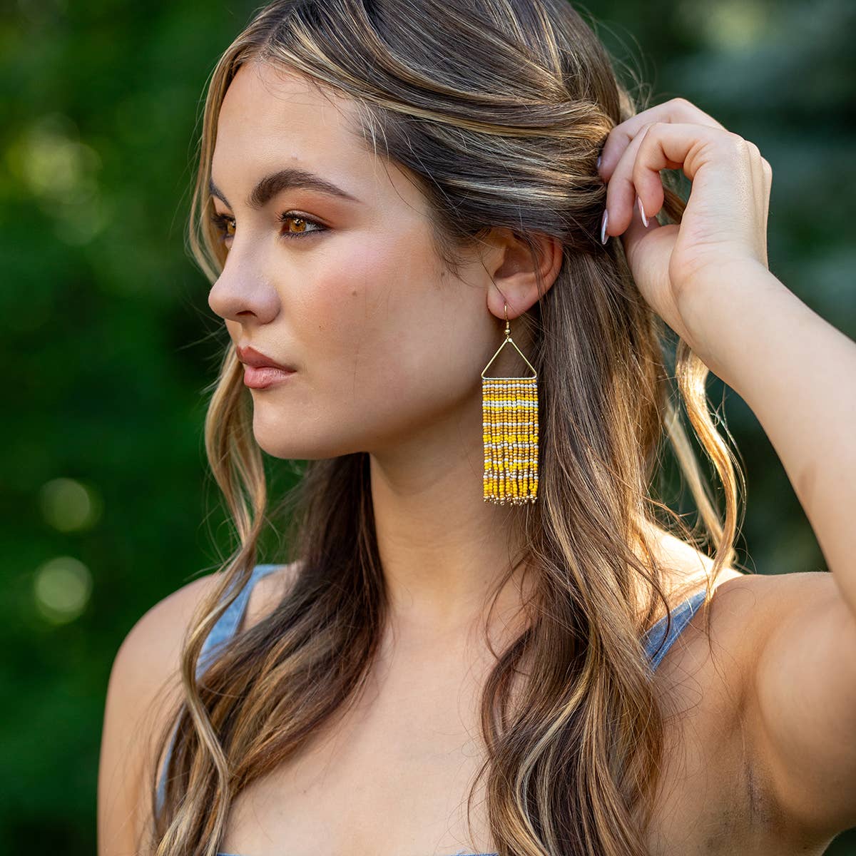 Seed Bead Color Waterfall Earrings - Yellow