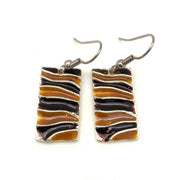 Pewter Earrings with Color Enamel - Wavy Stripe Rectangle, Dark Brown/Mustard