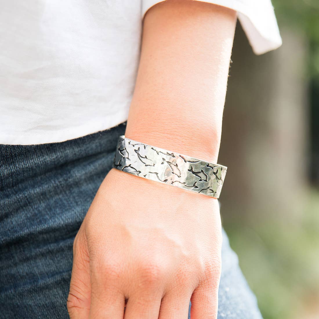 Dolphin Silver Engraved Cuff Bracelet