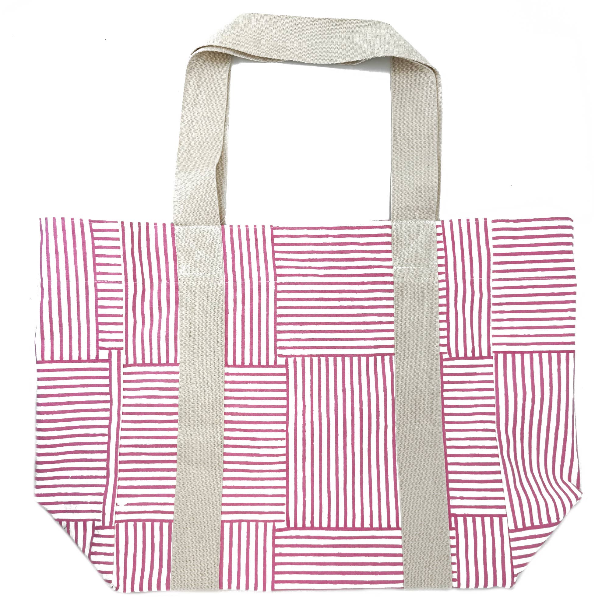 Handcrafted Canvas Bag with Block-Printed Pink Stripes