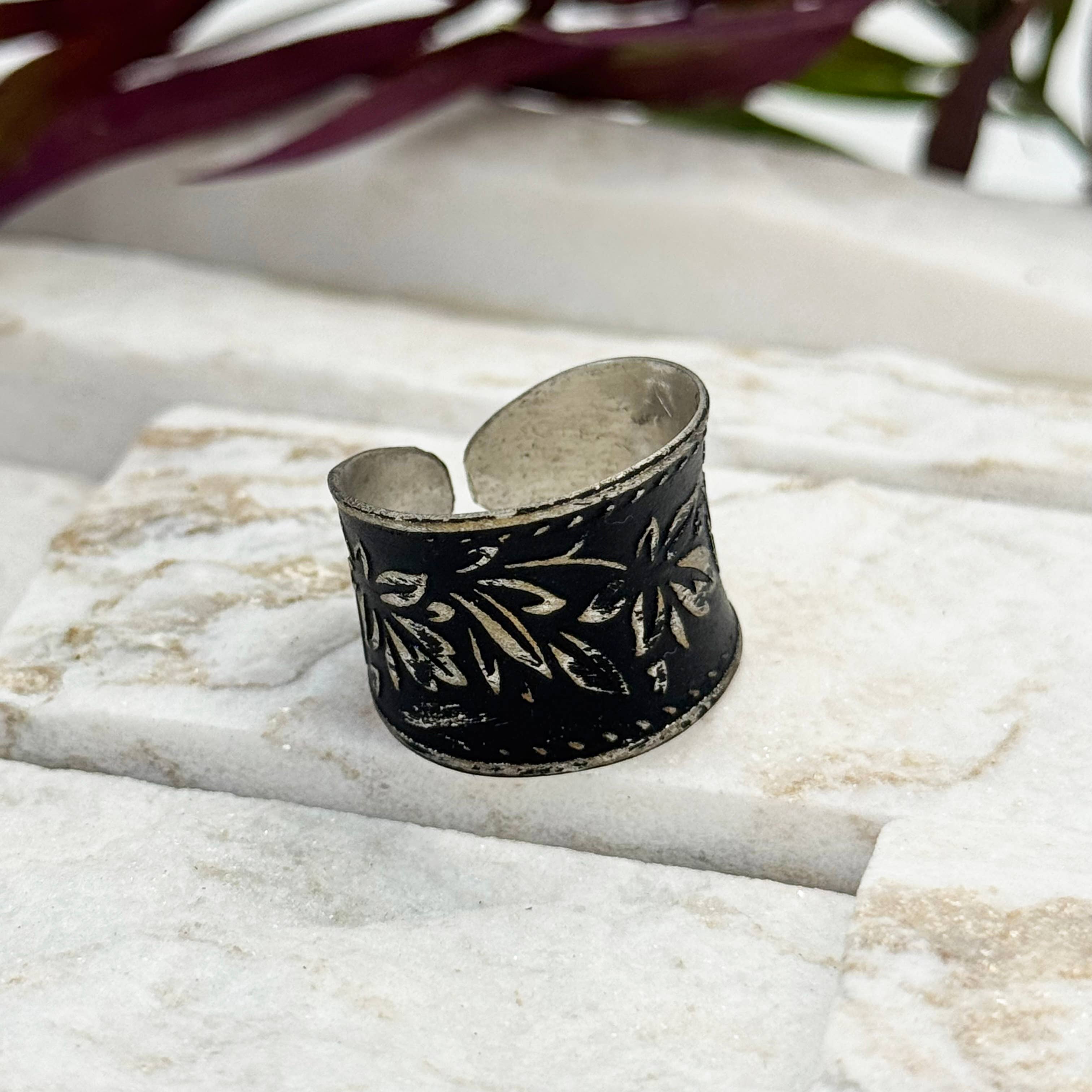 Handcrafted Silver Patina Black Floral Ring
