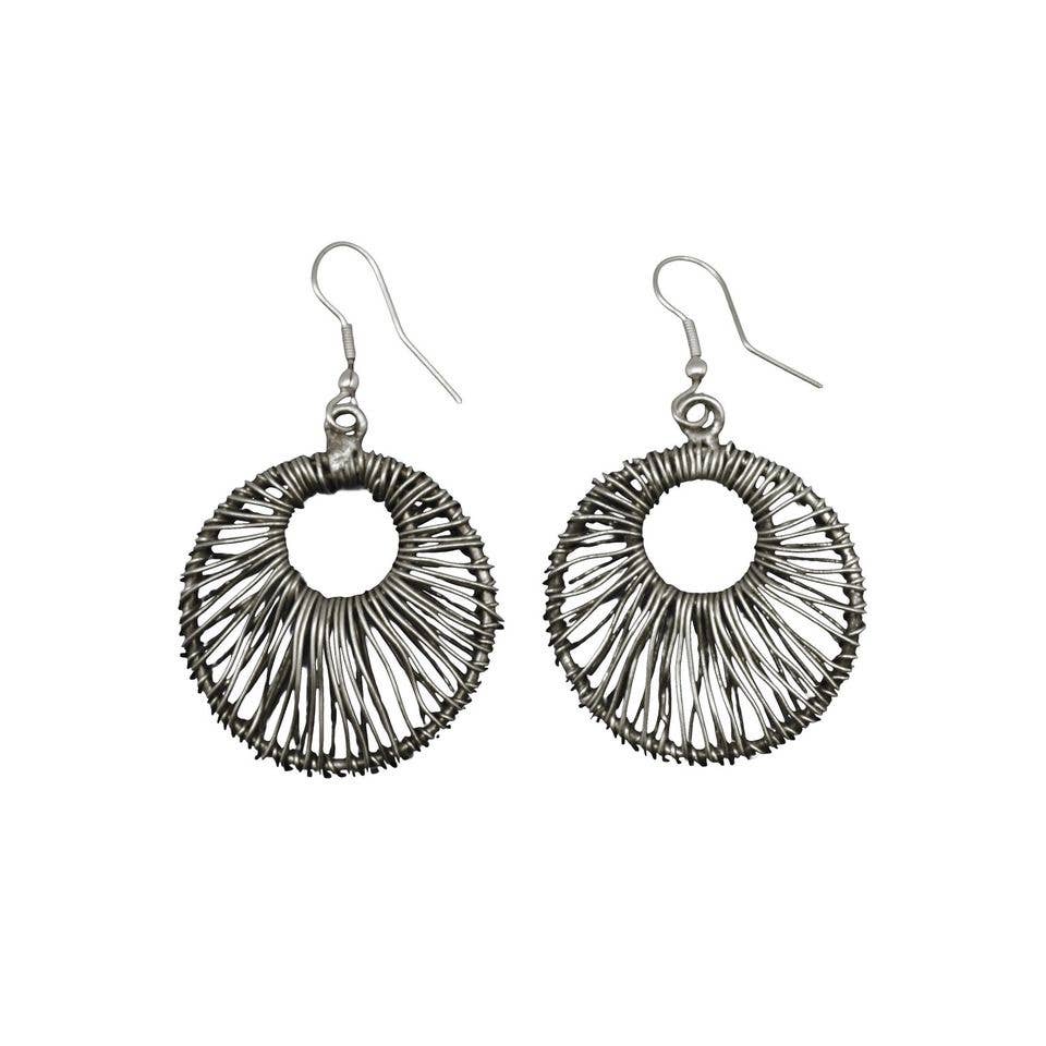 Basketweave Antique Silver Circle in Circle Earrings