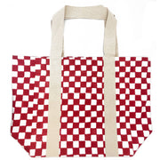 Block Printed Canvas Tote - Red Checkered