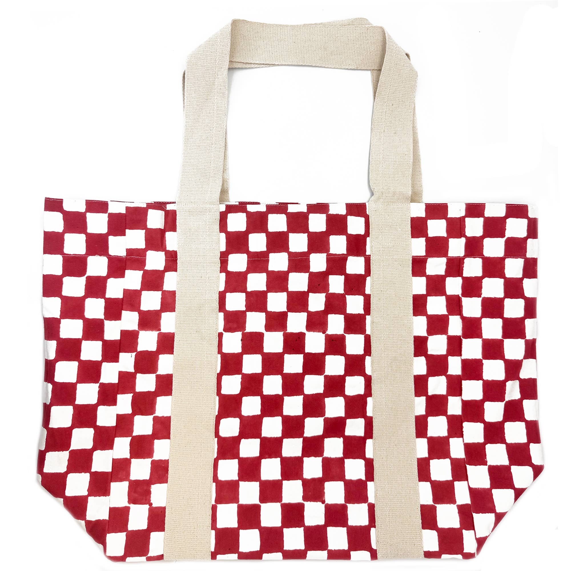 Block Printed Canvas Tote - Red Checkered